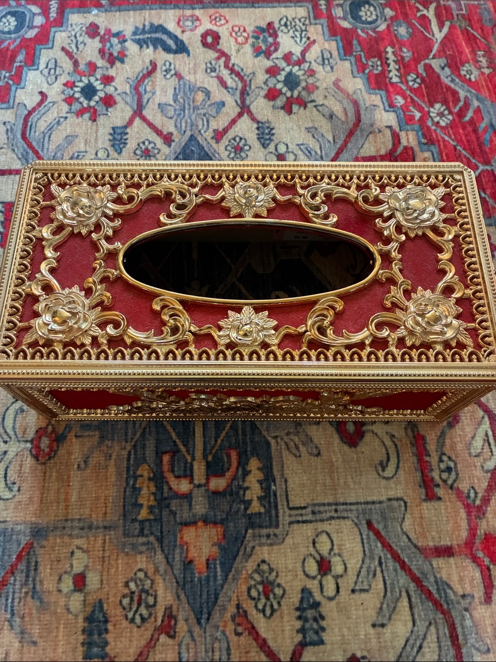 Ornate Hollywood Regency  Gold Floral Red Vekvet Tissue Box Cover